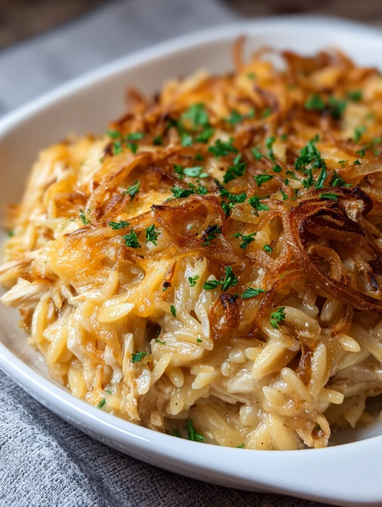 French Onion Chicken Orzo Casserole
