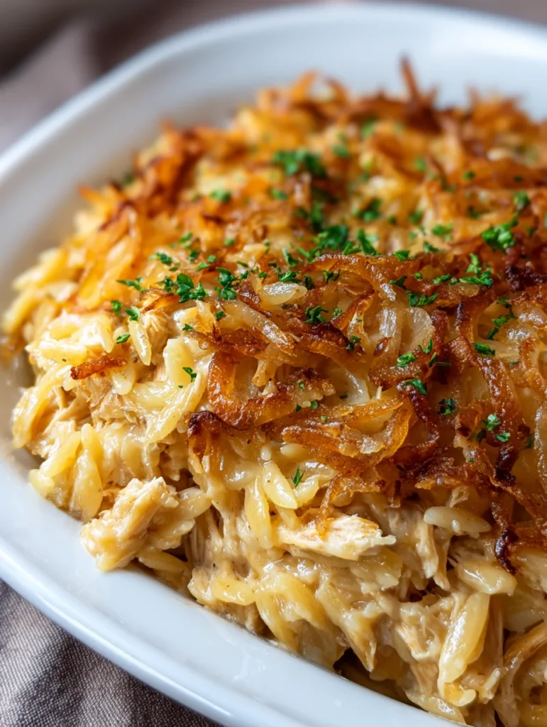 French Onion Chicken Orzo Casserole
