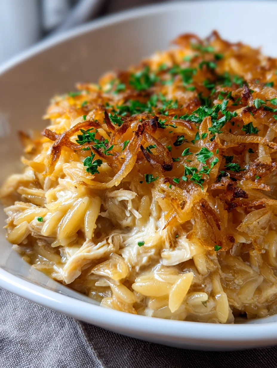 French Onion Chicken Orzo Casserole