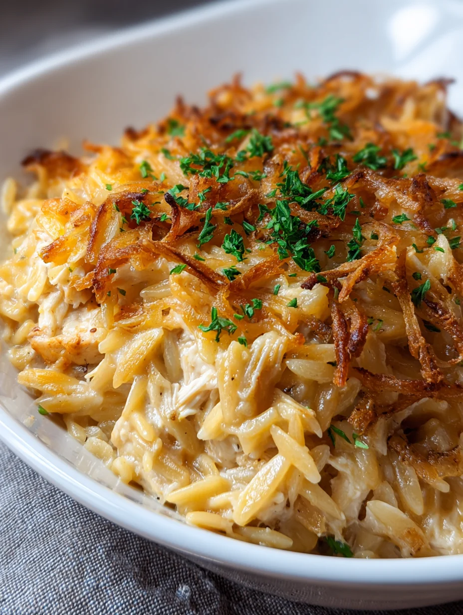 French Onion Chicken Orzo Casserole