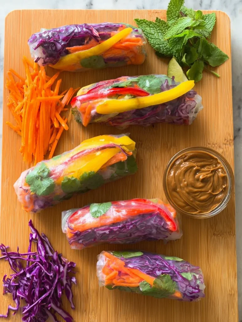 Rainbow Spring Rolls with Ginger Peanut Sauce