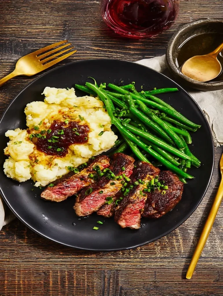 Ribeye and Roasted Garlic Pan Sauce with Mashed Potatoes and Green Beans