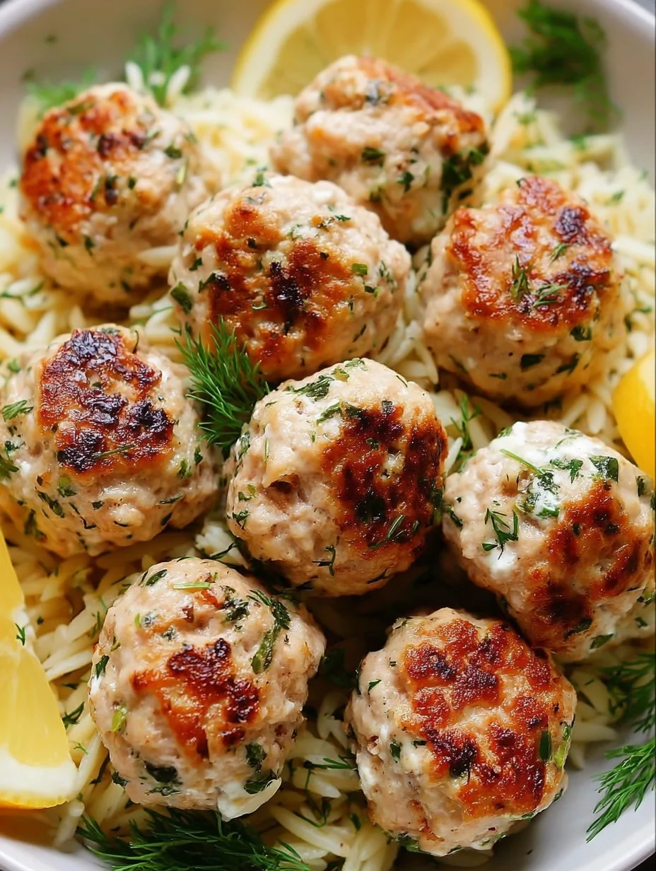 Greek Chicken Meatballs with Lemon Orzo