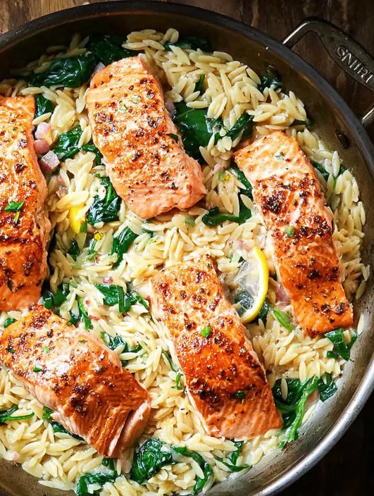 One Skillet Salmon with Lemon Orzo