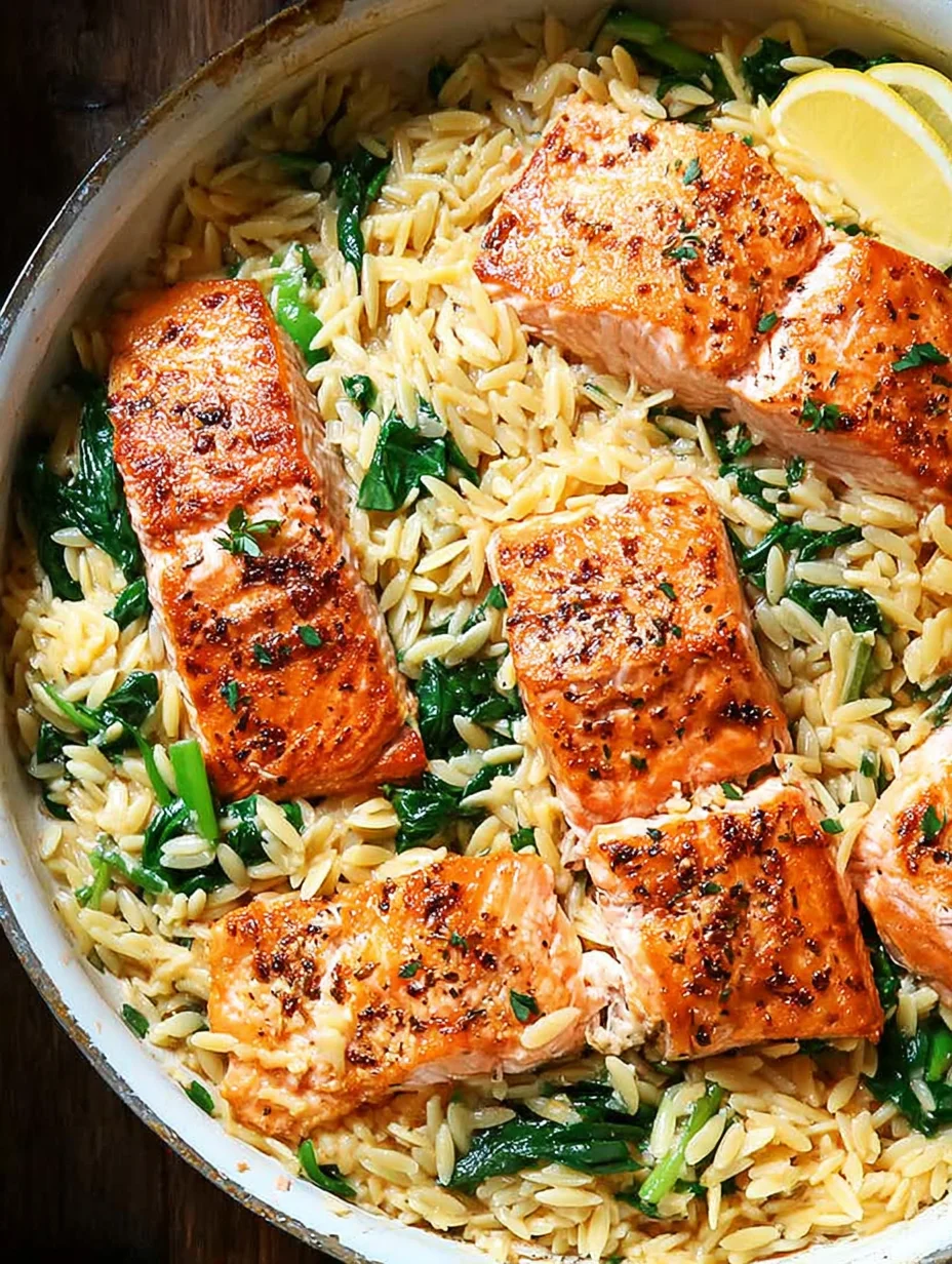 One Skillet Salmon with Lemon Orzo